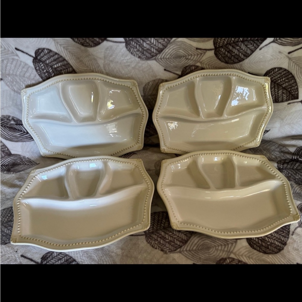 Princess House Pavilion Divided Serving Plates Set of 4 Beaded Ivory Relish Tray